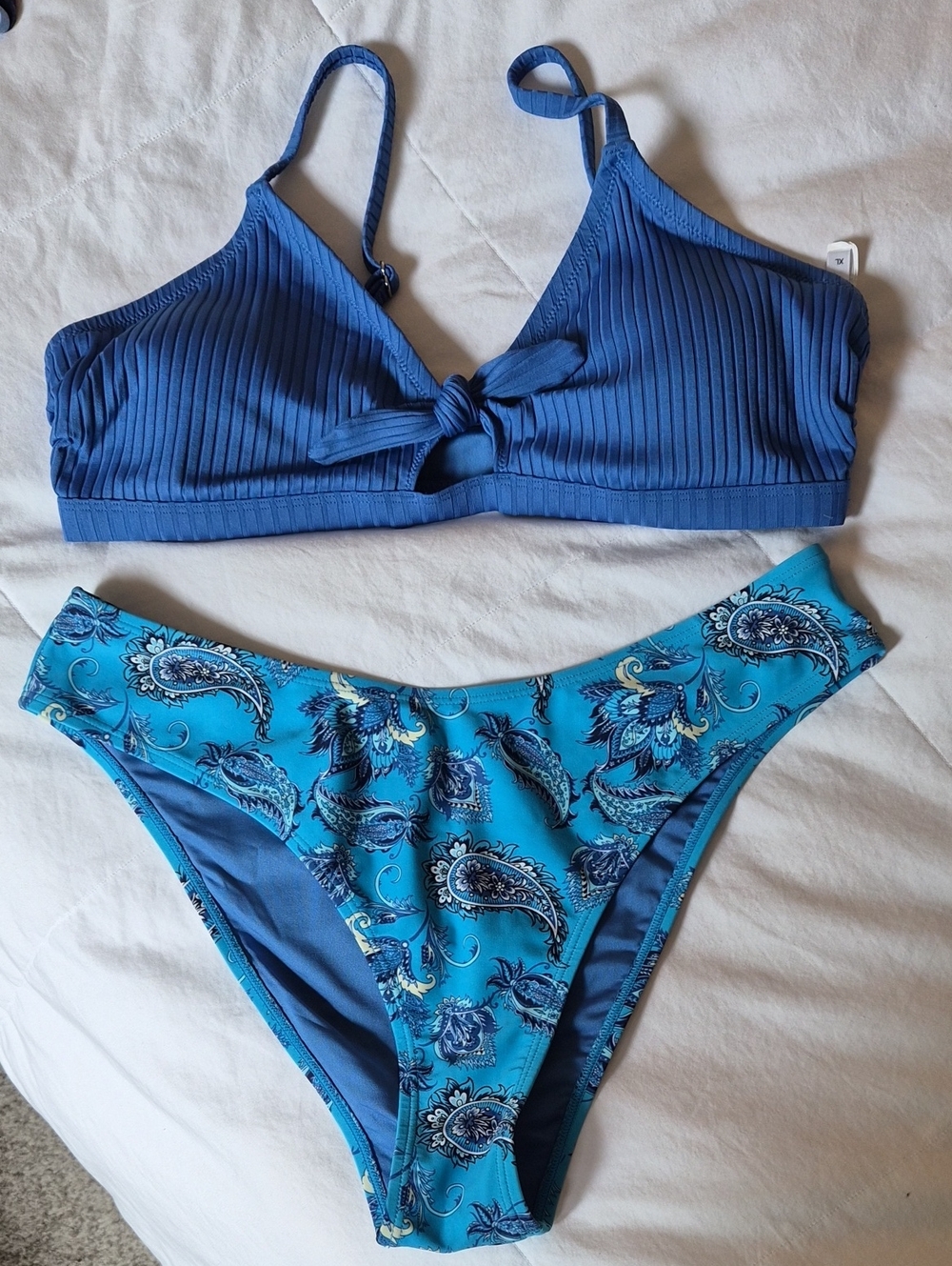 Cupshe XL Ribbed Blue Knot Bralette Bikini Top with Paisley Blue Bikini Bottom